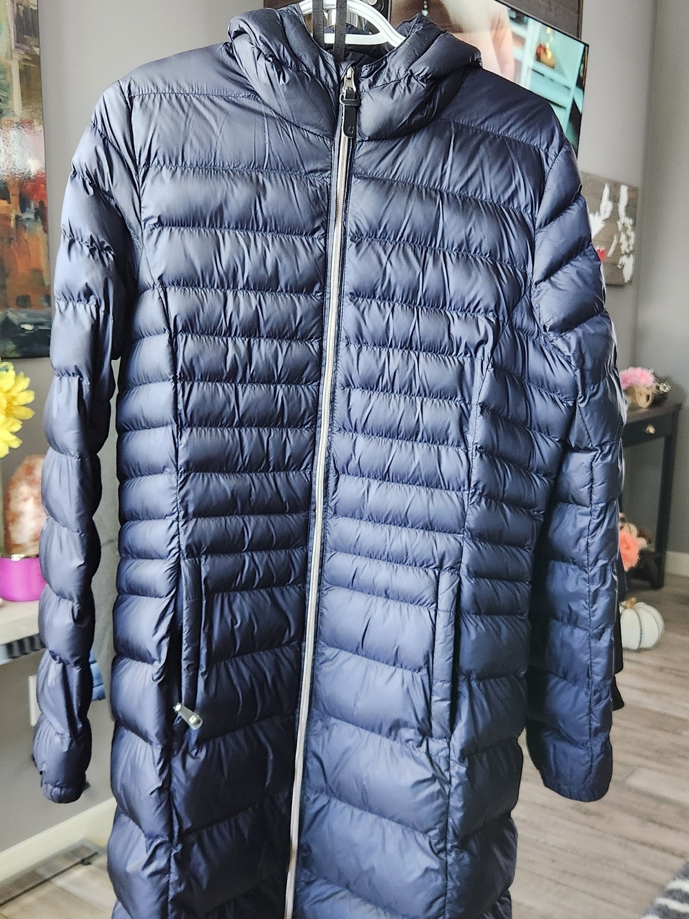 Women's Long Hooded Puffer Coat in Navy
